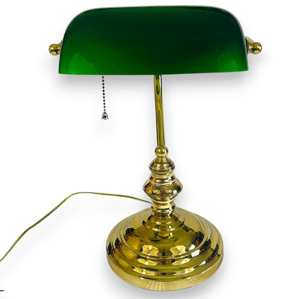 Bankers Lamp Brass 15" Tall Green Glass Student Lamp